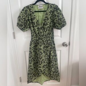 Just Female Green and Black Floral High-Low V-Neck Dress